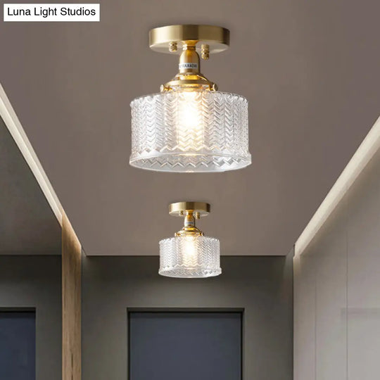 Traditional Brass Semi Flush Drum Corridor Ceiling Fixture With Clear Prismatic Glass & Single Bulb