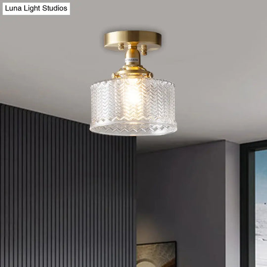 Traditional Brass Semi Flush Drum Corridor Ceiling Fixture With Clear Prismatic Glass & Single Bulb