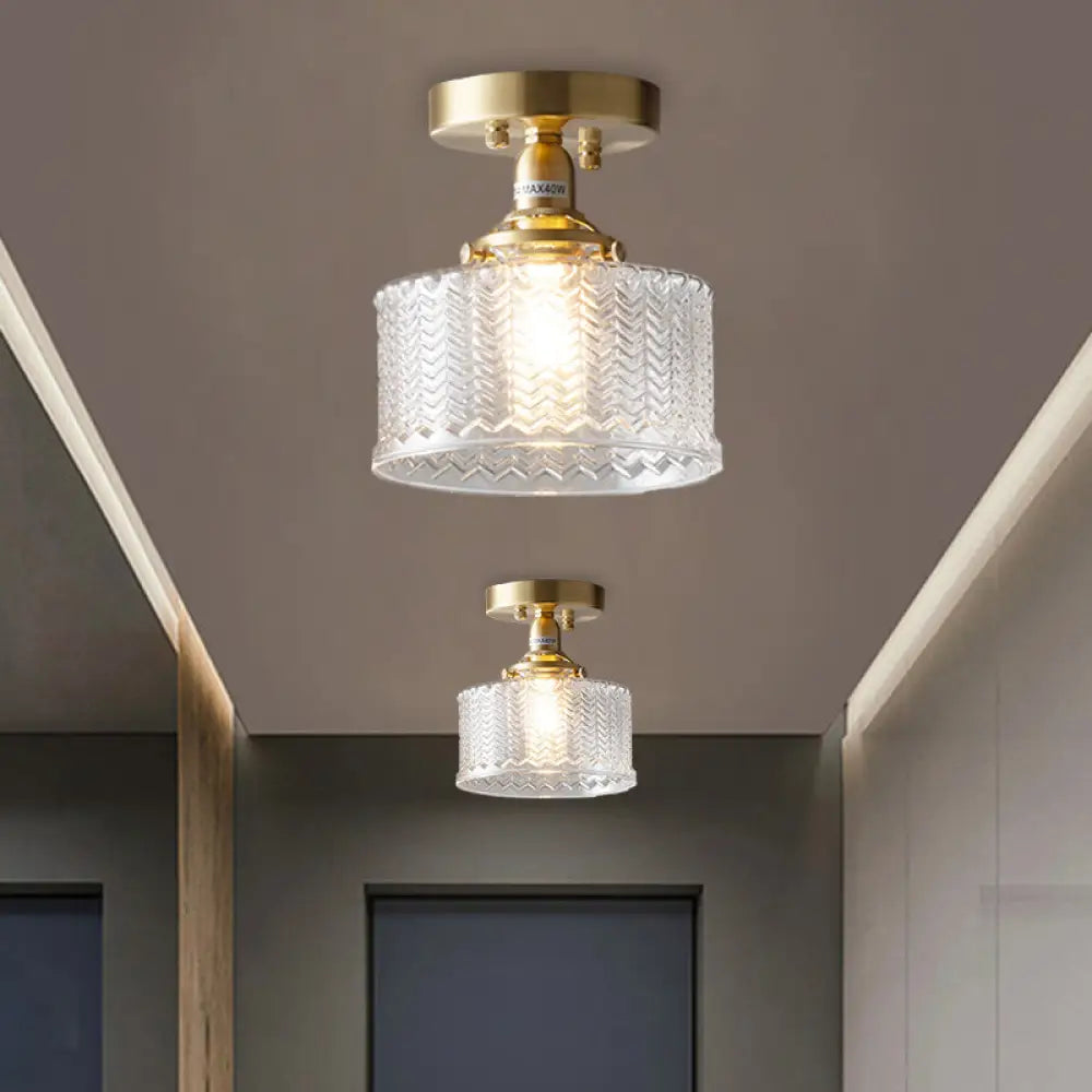 Traditional Brass Semi Flush Drum Corridor Ceiling Fixture With Clear Prismatic Glass & Single Bulb