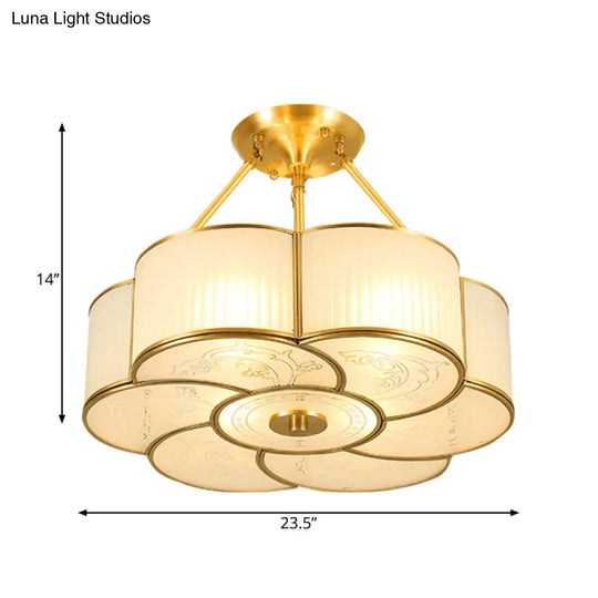 Traditional Brass Semi - Flush Flower Ceiling Light With White Curved Glass Shade - 4/6 Lights