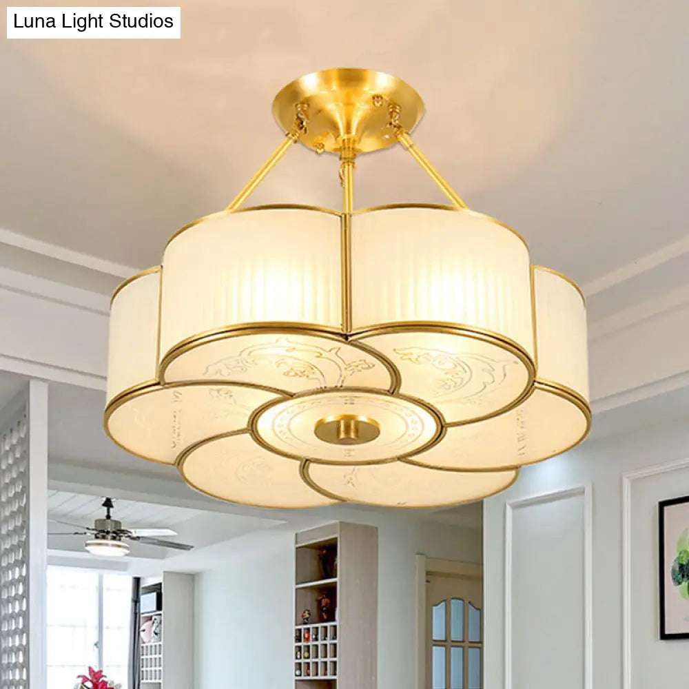 Traditional Brass Semi - Flush Flower Ceiling Light With White Curved Glass Shade - 4/6 Lights