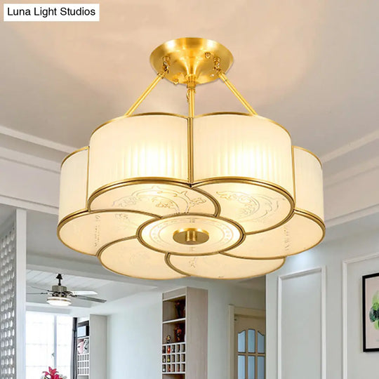 Traditional Brass Semi - Flush Flower Ceiling Light With White Curved Glass Shade - 4/6 Lights