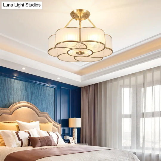 Traditional Brass Semi - Flush Flower Ceiling Light With White Curved Glass Shade - 4/6 Lights