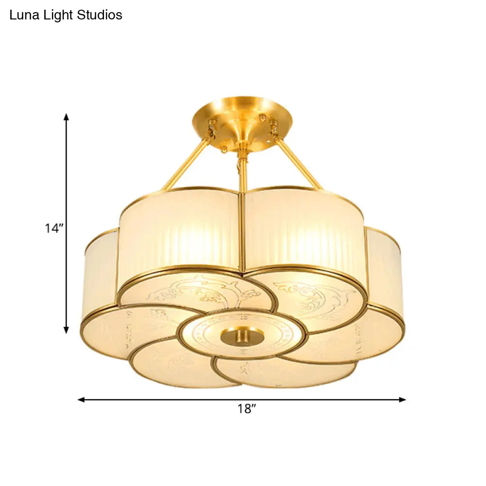 Traditional Brass Semi-Flush Flower Ceiling Light With White Curved Glass Shade - 4/6 Lights 18/23.5