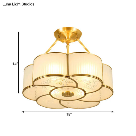 Traditional Brass Semi-Flush Flower Ceiling Light With White Curved Glass Shade - 4/6 Lights 18/23.5