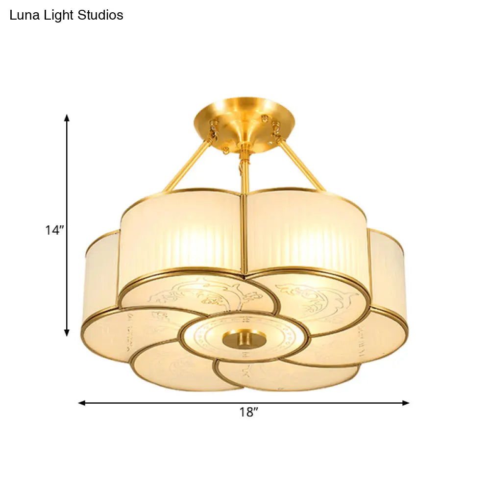 Traditional Brass Semi - Flush Flower Ceiling Light With White Curved Glass Shade - 4/6 Lights