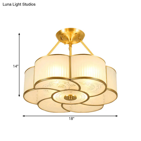 Traditional Brass Semi - Flush Flower Ceiling Light With White Curved Glass Shade - 4/6 Lights