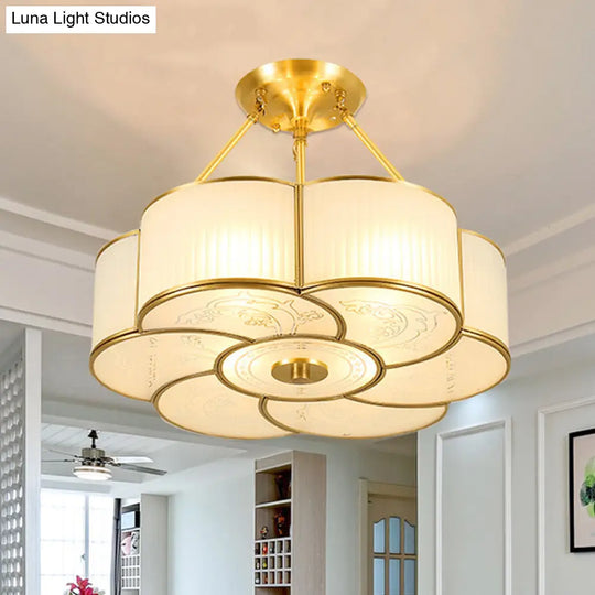 Traditional Brass Semi-Flush Flower Ceiling Light With White Curved Glass Shade - 4/6 Lights 18/23.5