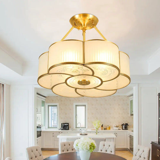 Traditional Brass Semi - Flush Flower Ceiling Light With White Curved Glass Shade - 4/6 Lights