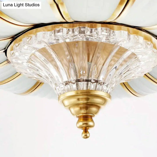 Traditional Brass Semi Flush Light With Clear Ribbed Glass Shade - 16/19.5 Wide 3/6 Lights Bedroom