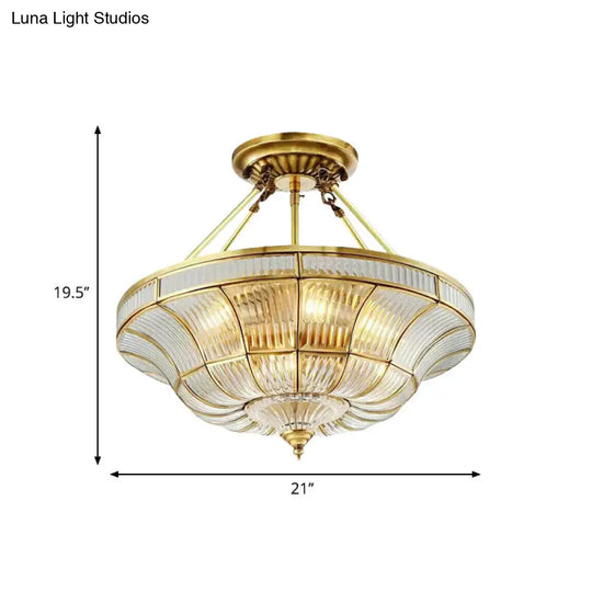 Traditional Brass Semi Flush Light With Clear Ribbed Glass Shade - 16/19.5 Wide 3/6 Lights Bedroom