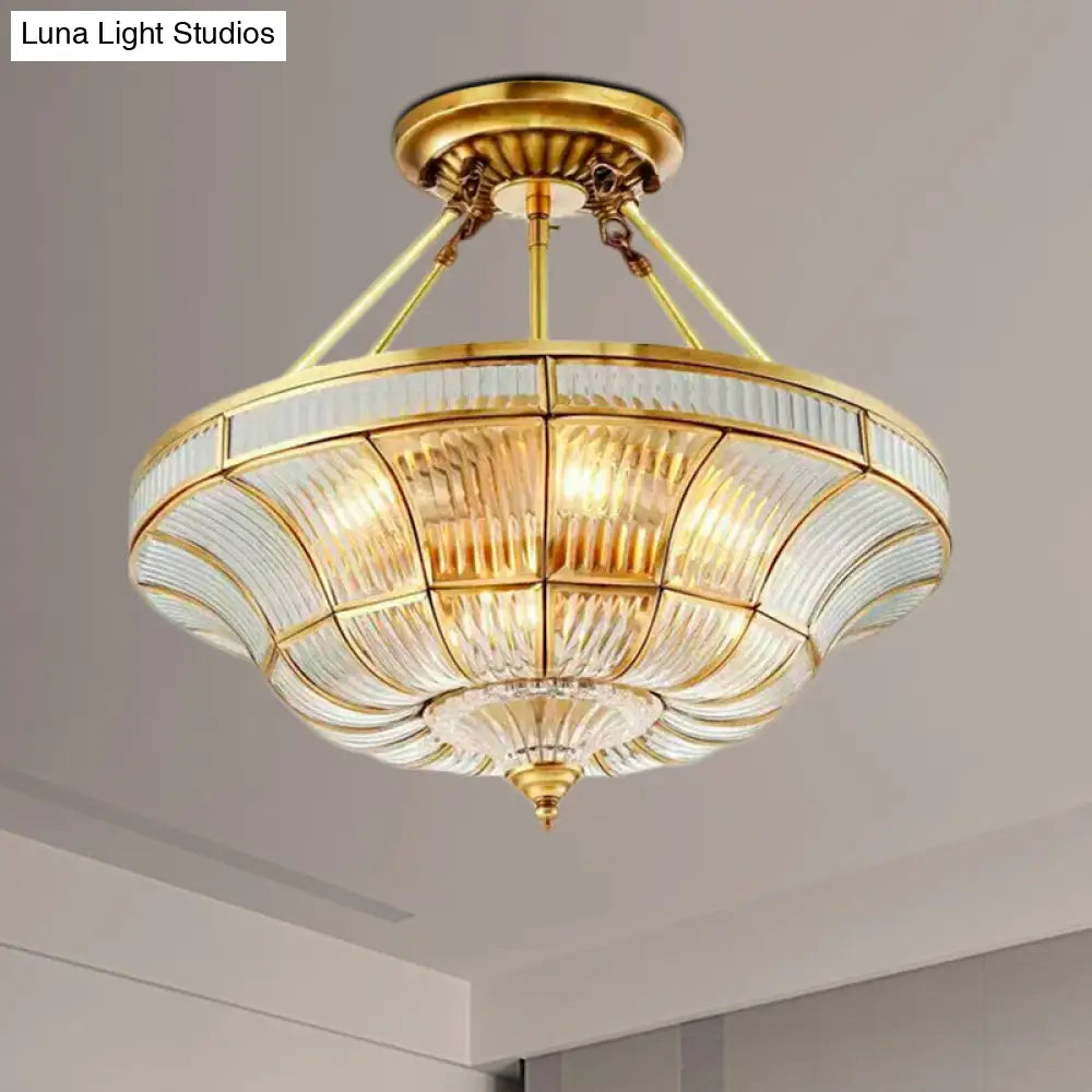 Traditional Brass Semi Flush Light With Clear Ribbed Glass Shade - 16/19.5 Wide 3/6 Lights Bedroom