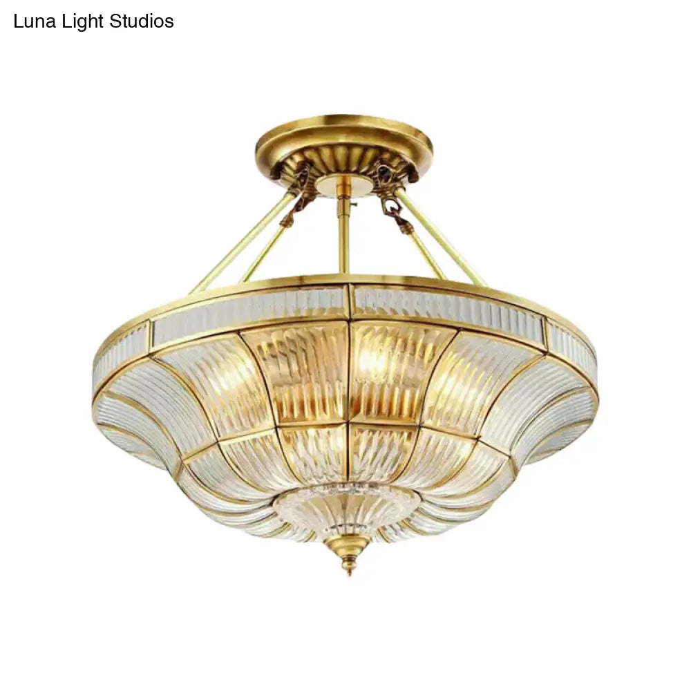 Traditional Brass Semi Flush Light With Clear Ribbed Glass Shade - 16/19.5 Wide 3/6 Lights Bedroom