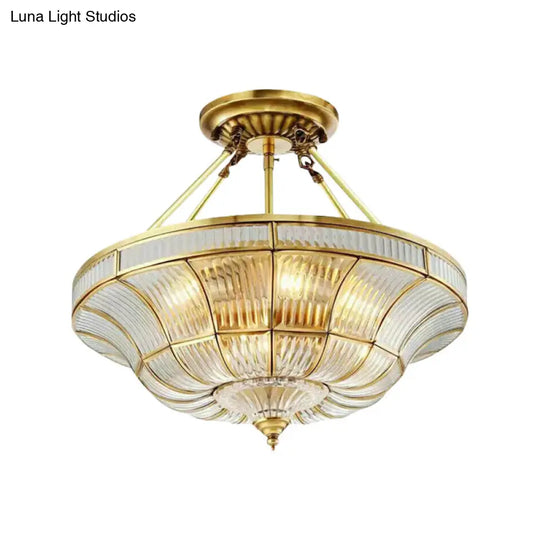 Traditional Brass Semi Flush Light With Clear Ribbed Glass Shade - 16/19.5 Wide 3/6 Lights Bedroom