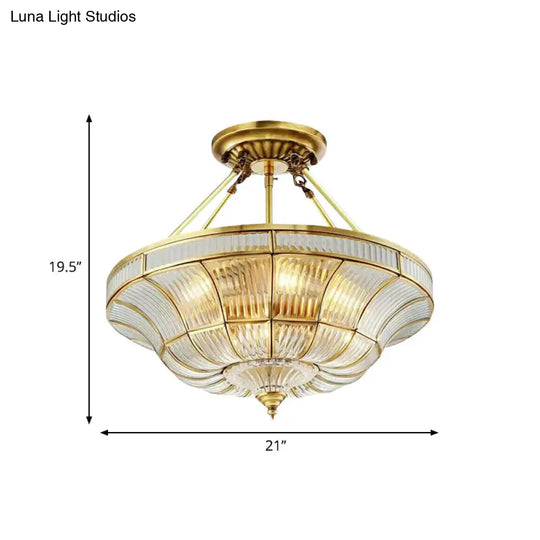 Traditional Brass Semi Flush Light With Clear Ribbed Glass Shade - 16’/19.5’ Wide 3/6 Lights