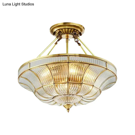 Traditional Brass Semi Flush Light With Clear Ribbed Glass Shade - 16’/19.5’ Wide 3/6 Lights