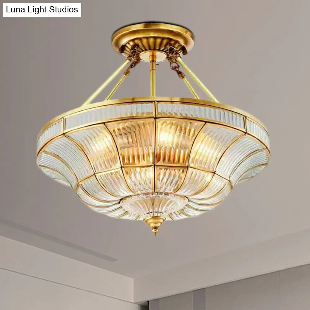 Traditional Brass Semi Flush Light With Clear Ribbed Glass Shade - 16’/19.5’ Wide 3/6 Lights