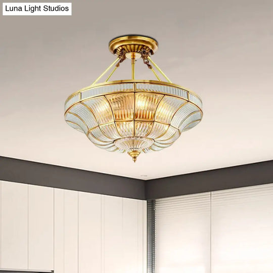 Traditional Brass Semi Flush Light With Clear Ribbed Glass Shade - 16/19.5 Wide 3/6 Lights Bedroom