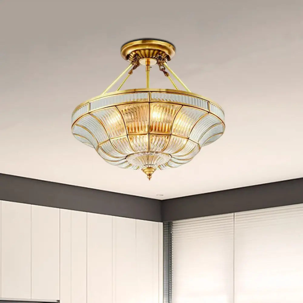 Traditional Brass Semi Flush Light With Clear Ribbed Glass Shade - 16’/19.5’ Wide 3/6 Lights