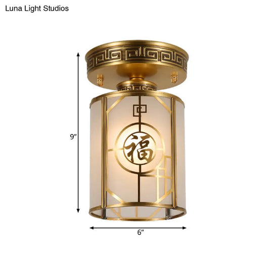 Traditional Brass Semi Flush Mount Ceiling Light Fixture With Frosted Glass Cylinder Shade