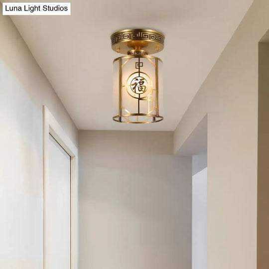 Traditional Brass Semi Flush Mount Ceiling Light Fixture With Frosted Glass Cylinder Shade