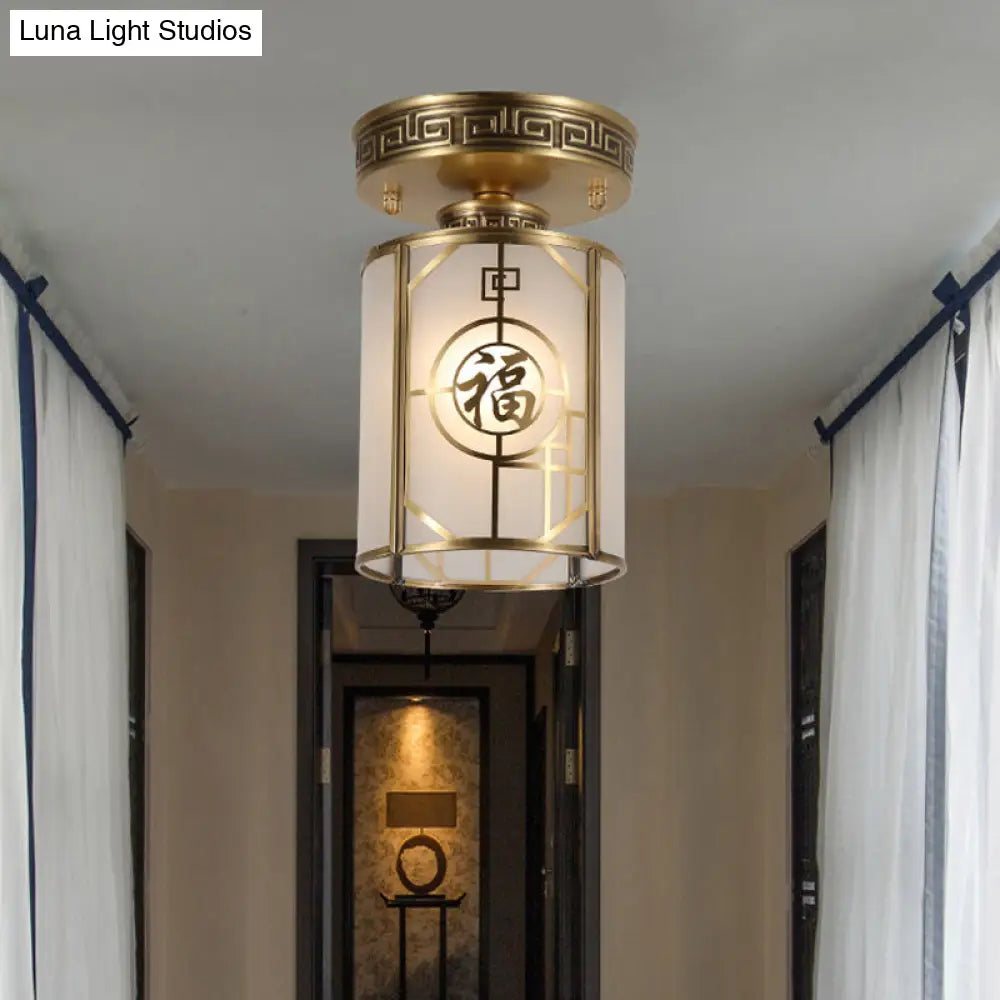 Traditional Brass Semi Flush Mount Ceiling Light Fixture With Frosted Glass Cylinder Shade