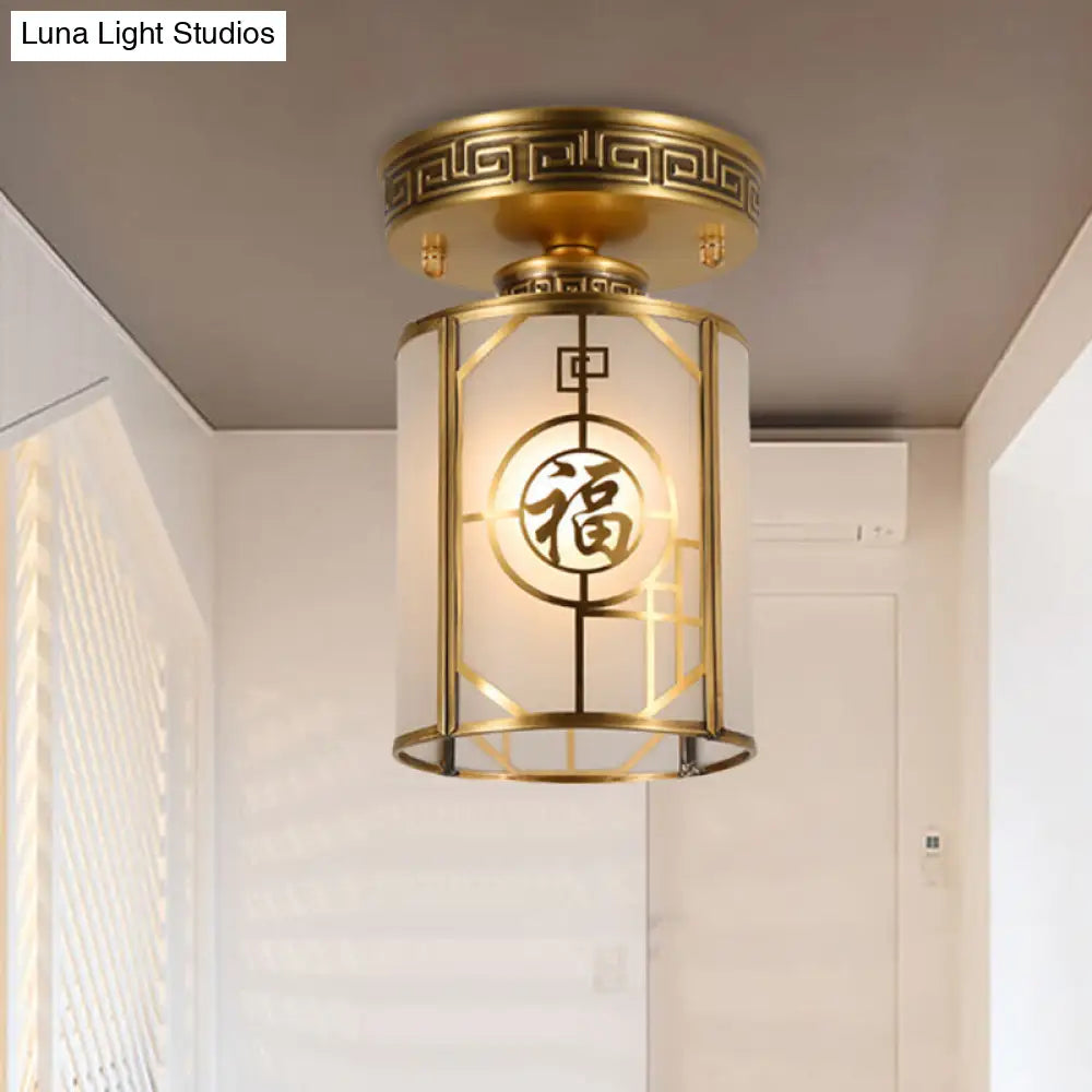 Traditional Brass Semi Flush Mount Ceiling Light Fixture With Frosted Glass Cylinder Shade