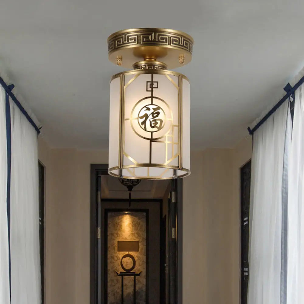 Traditional Brass Semi Flush Mount Ceiling Light Fixture With Frosted Glass Cylinder Shade