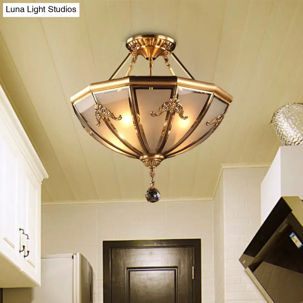 Traditional Brass Semi-Flush Chandelier With Curved Frosted Glass Dome - 4 Lights For Living Room