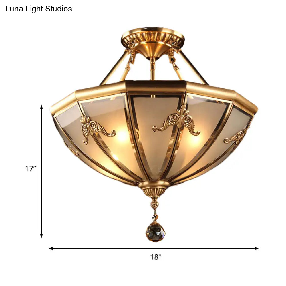 Traditional Brass Semi-Flush Mount Chandelier With Curved Frosted Glass Dome - 4 Lights Ceiling