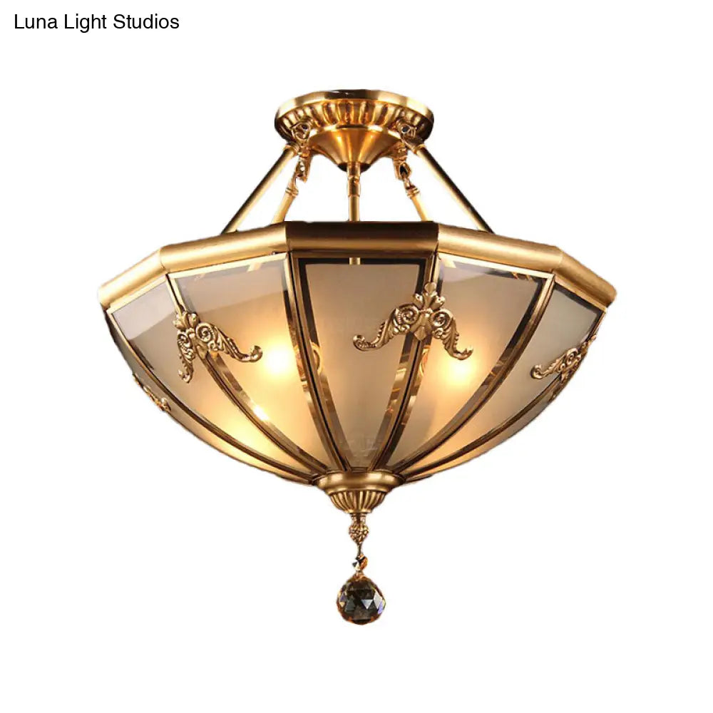 Traditional Brass Semi-Flush Chandelier With Curved Frosted Glass Dome - 4 Lights For Living Room