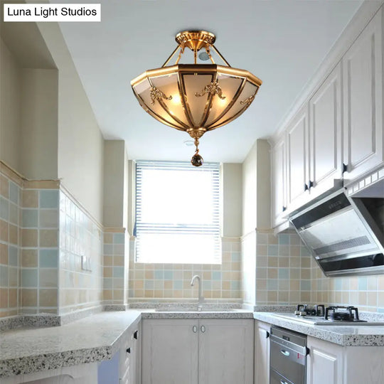 Traditional Brass Semi-Flush Chandelier With Curved Frosted Glass Dome - 4 Lights For Living Room