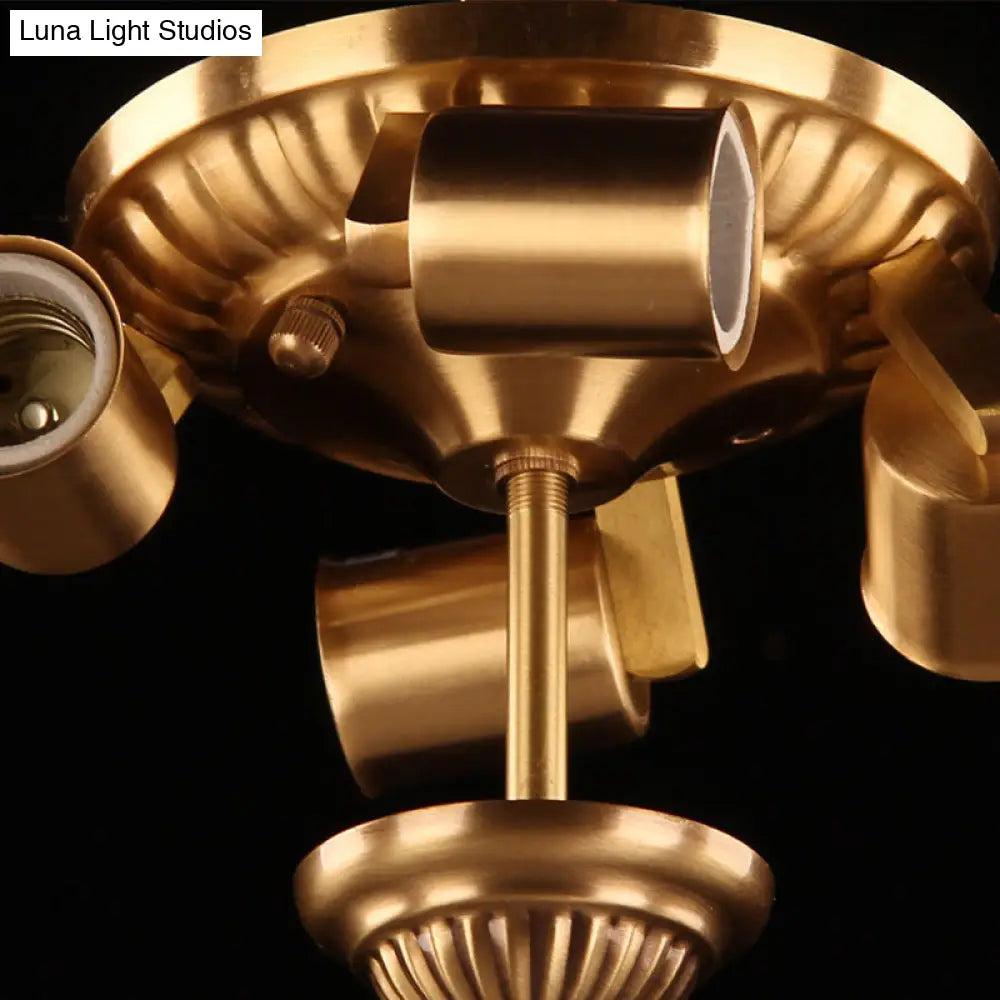 Traditional Brass Semi-Flush Mount Chandelier With Curved Frosted Glass Dome - 4 Lights Ceiling