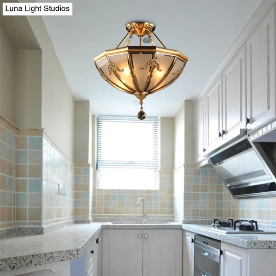 Traditional Brass Semi-Flush Mount Chandelier With Curved Frosted Glass Dome - 4 Lights Ceiling