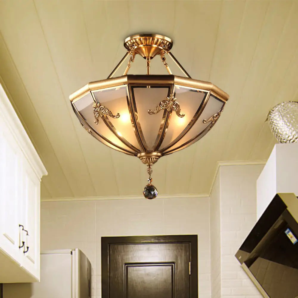 Traditional Brass Semi-Flush Mount Chandelier With Curved Frosted Glass Dome - 4 Lights Ceiling