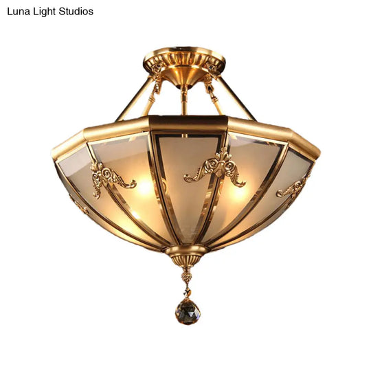 Traditional Brass Semi-Flush Mount Chandelier With Curved Frosted Glass Dome - 4 Lights Ceiling