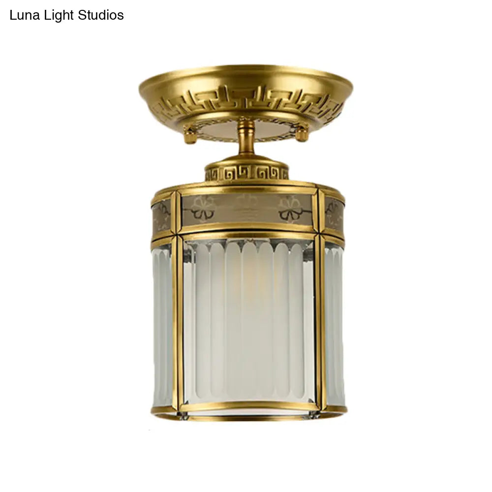 Traditional Brass Semi - Mount Cylinder Ceiling Lamp With 1 Light For Corridors