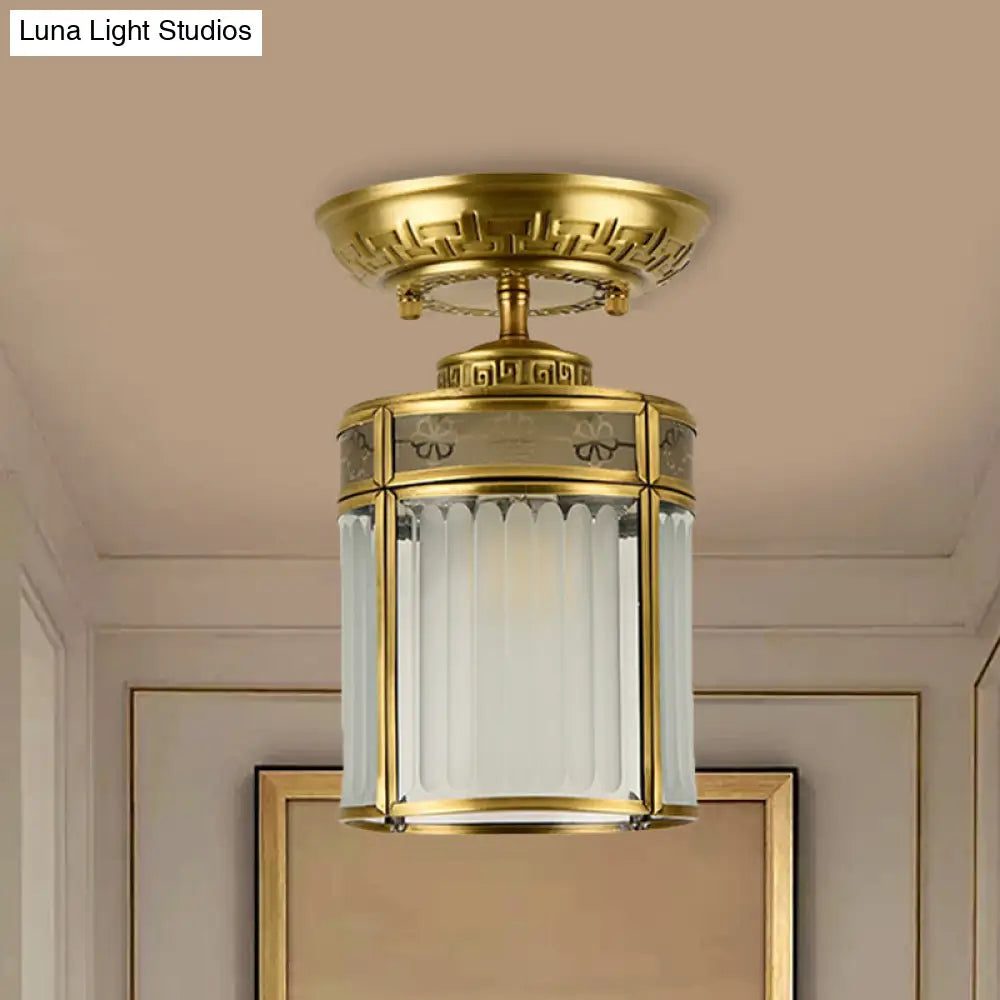 Traditional Brass Semi - Mount Cylinder Ceiling Lamp With 1 Light For Corridors