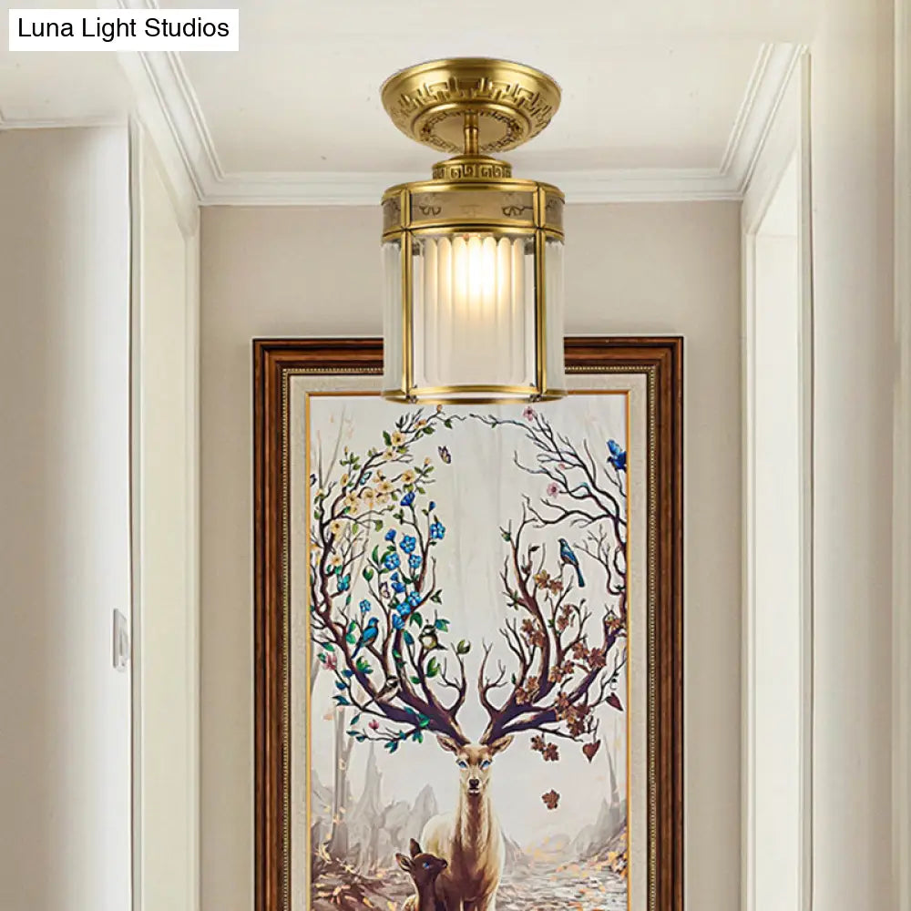 Traditional Brass Semi - Mount Cylinder Ceiling Lamp With 1 Light For Corridors