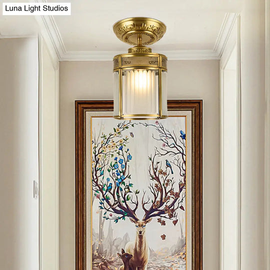 Traditional Brass Semi - Mount Cylinder Ceiling Lamp With 1 Light For Corridors