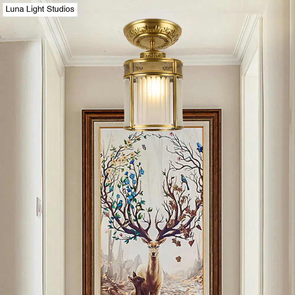 Traditional Brass Semi-Mount Cylinder Ceiling Lamp With 1 Light For Corridors