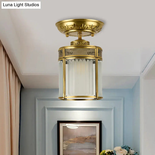 Traditional Brass Semi-Mount Cylinder Ceiling Lamp With 1 Light For Corridors