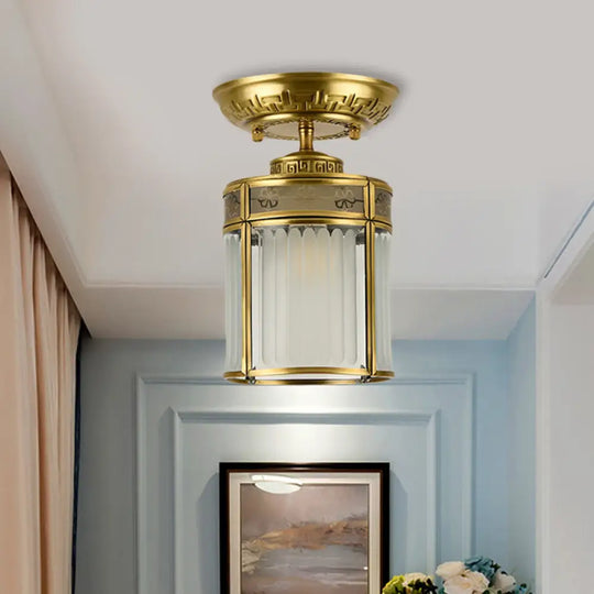 Traditional Brass Semi - Mount Cylinder Ceiling Lamp With 1 Light For Corridors