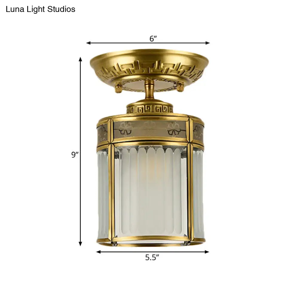 Traditional Brass Semi-Mount Cylinder Ceiling Lamp With 1 Light For Corridors