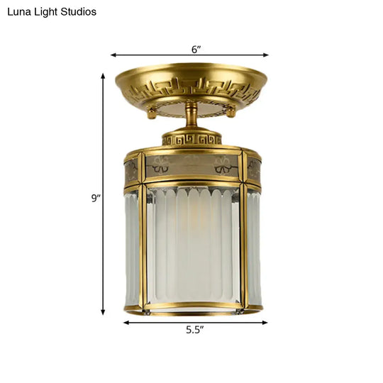 Traditional Brass Semi-Mount Cylinder Ceiling Lamp With 1 Light For Corridors