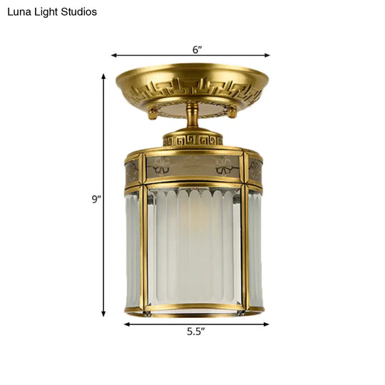 Traditional Brass Semi - Mount Cylinder Ceiling Lamp With 1 Light For Corridors