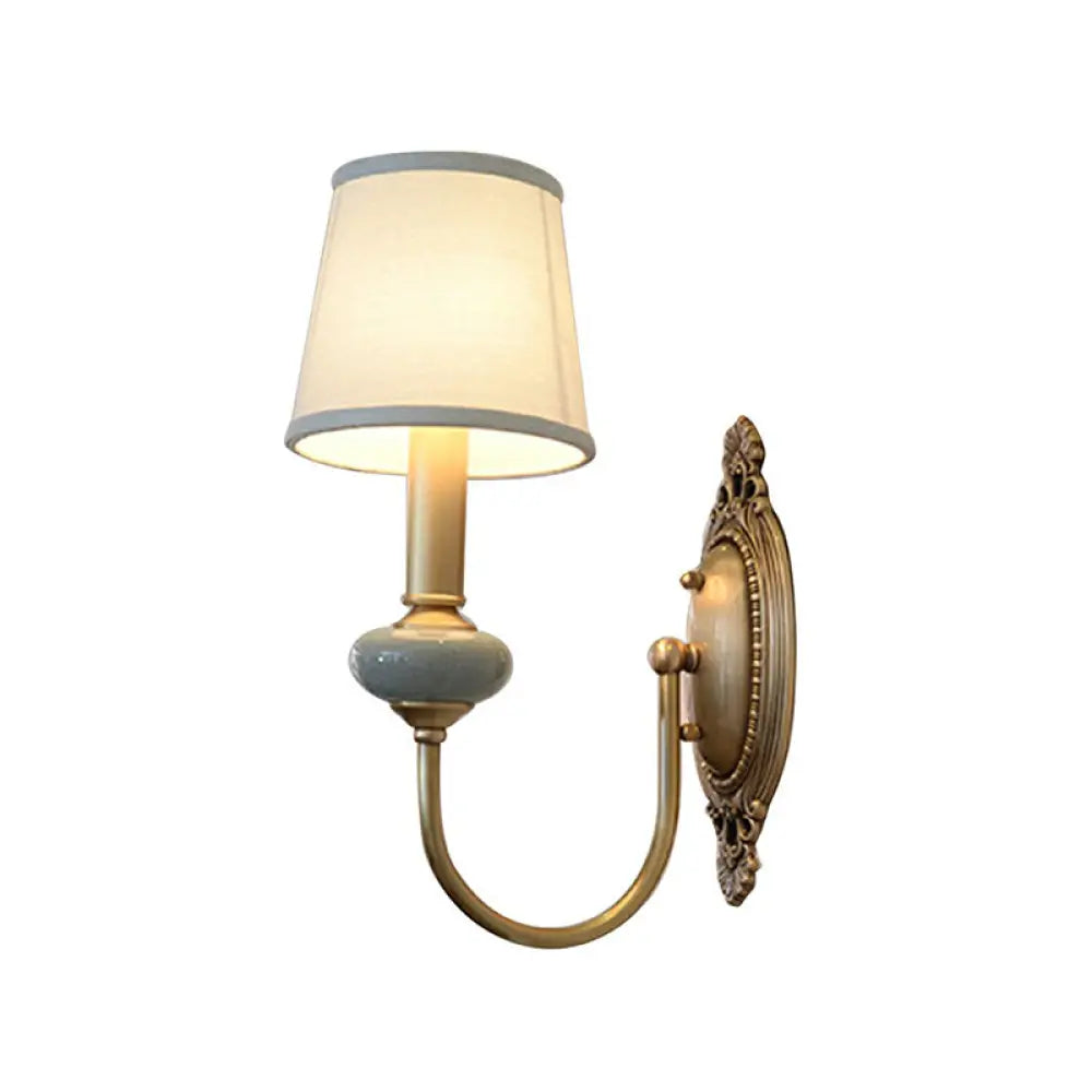 Traditional Brass Swoop Arm Living Room Sconce Light With Tapered Fabric Shade 1 /