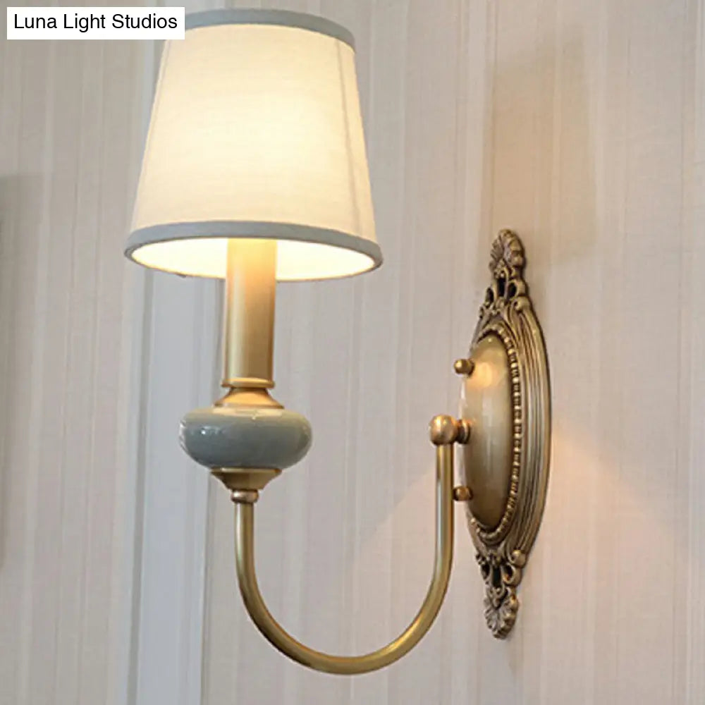 Traditional Brass Swoop Arm Living Room Sconce Light With Tapered Fabric Shade