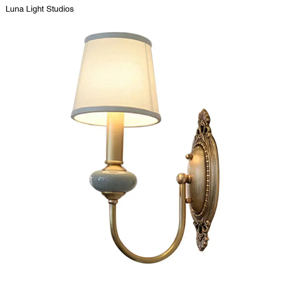 Traditional Brass Swoop Arm Living Room Sconce Light With Tapered Fabric Shade