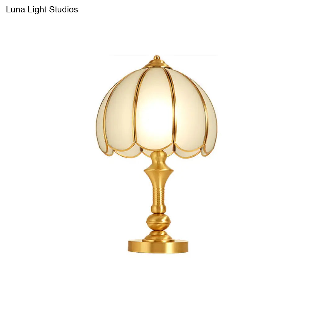 Traditional Brass Table Lamp With Scalloped Dome White Glass Shade